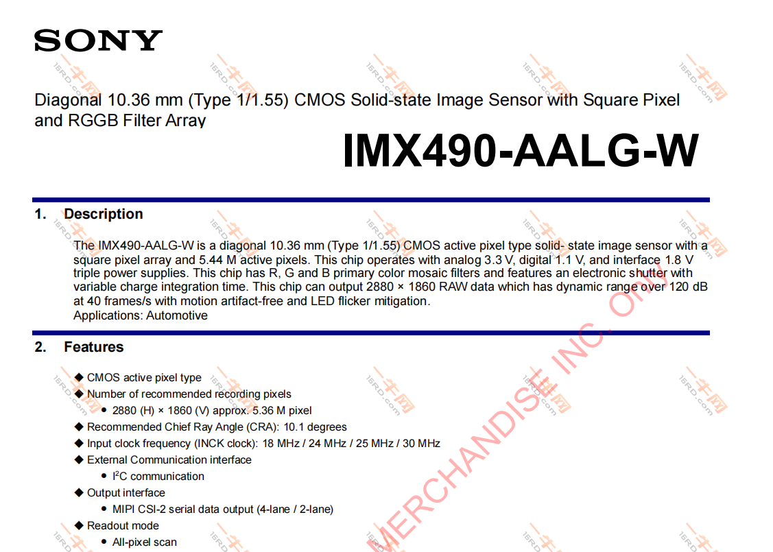索尼IMX490 10.36mm(Type 1/1.55)5.44M CMOS图像传感器datasheet-一牛网论坛